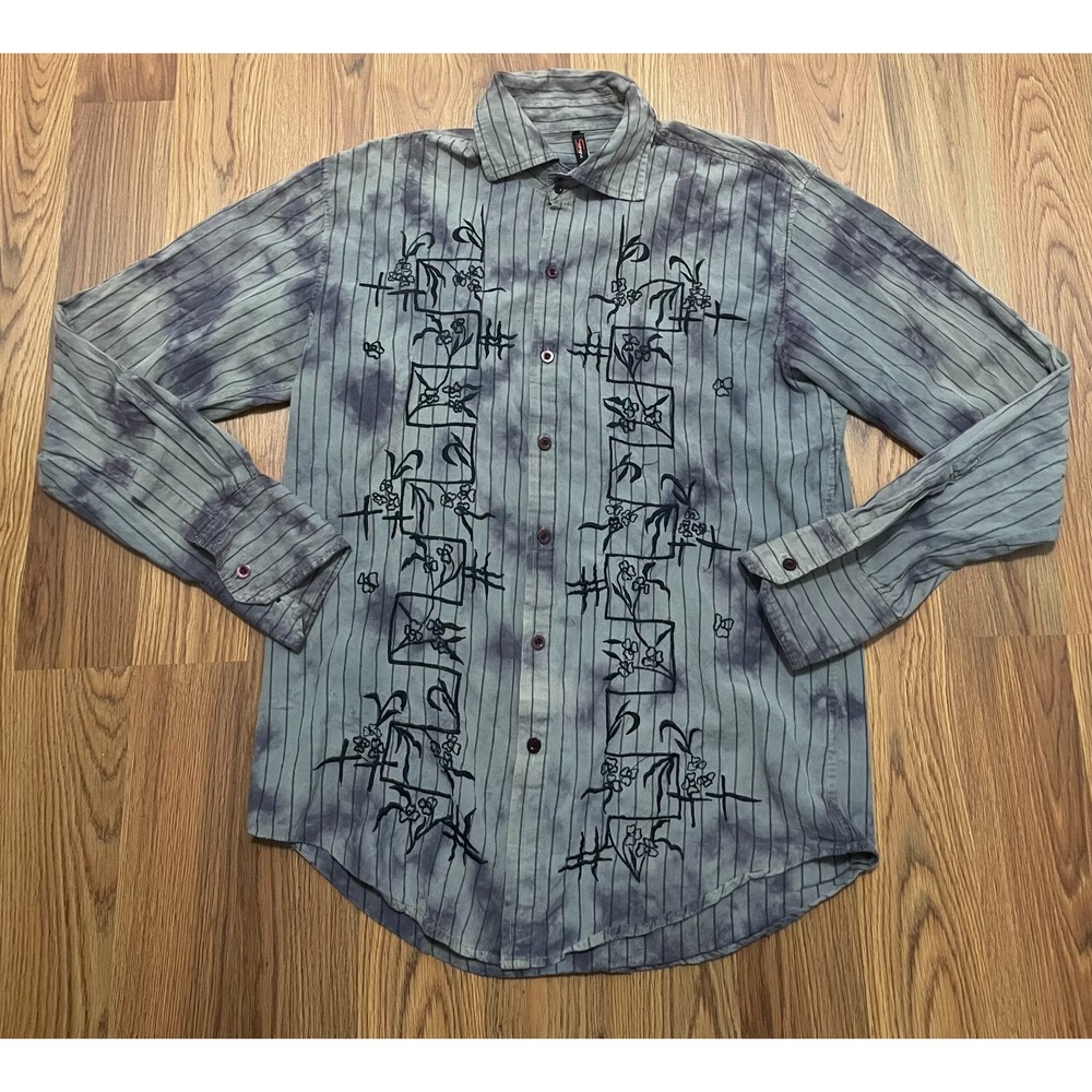 Stigma Shirt Mens Medium Embroidered Graphic Button Front Long Sleeve